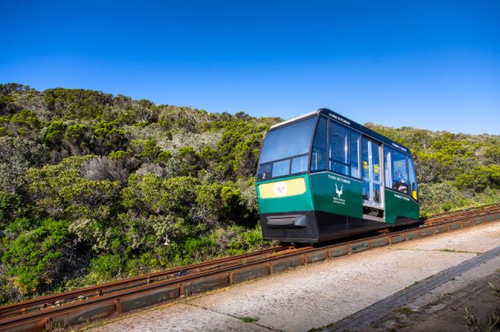 A green funicular going up and down the mpuntain at cape point.  Cape point is showing off it&#x27;s green scenery before its spectacular views at the top